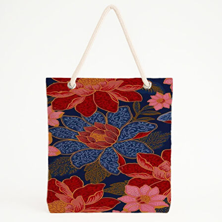 Lacivert Zeminli Stilize Çiçekli Plaj Çantası