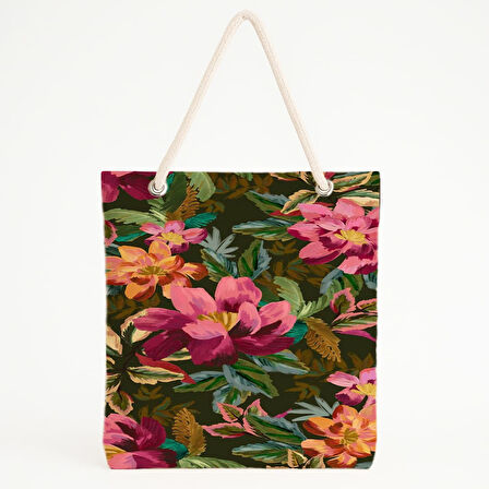 Koyu Yeşil Zeminli Çiçekli Plaj Çantası