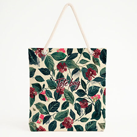 Kırmızı Çiçekli Yeşil Yapraklı Plaj Çantası