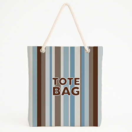 Mavi Bej Kahve Çizgili Tipografik Plaj Çantası
