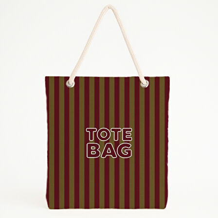 Zeytin Bordo Çizgili Tipografik Plaj Çantası