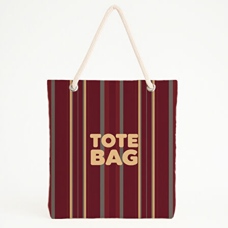Bordo Kahve Çizgili Tipografik Plaj Çantası