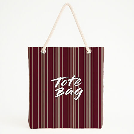 Bordo Bej Çizgili Fırça Yazılı Plaj Çantası