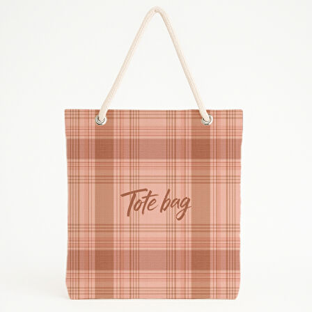 Pembe Kahve Ekose Fırça Yazılı Plaj Çantası