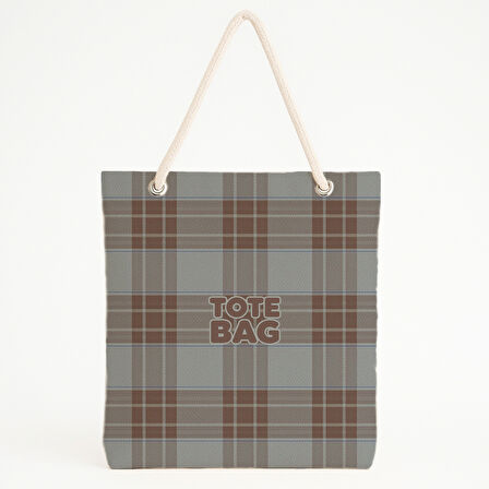 Kahve Gri Tartan Tipografik Plaj Çantası