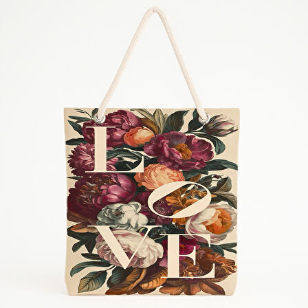 Bej Floral LOVE Yazılı Plaj Çantası
