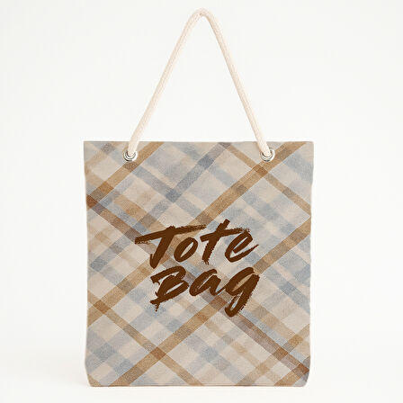 Bej Mavi Ekose Tipografik Plaj Çantası