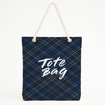 Mavi Ekose Fırça Yazılı Plaj Çantası