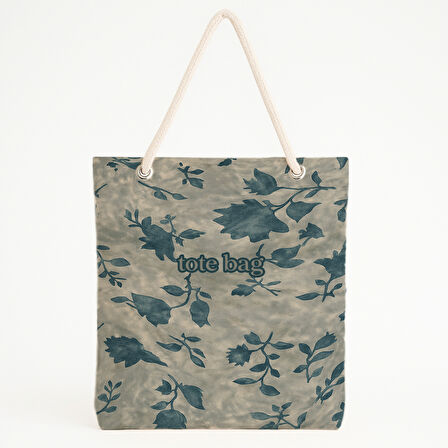 Bej Yeşil Yaprak Tipografik Plaj Çantası