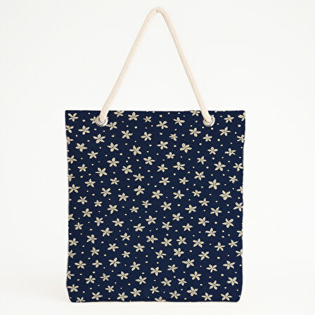 Lacivert Beyaz Floral Minimal Plaj Çantası