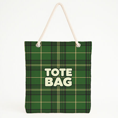 Yeşil Tartan Tipografik Plaj Çantası