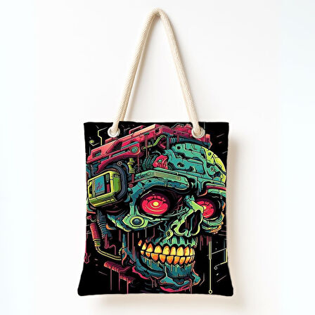 Neon Kafatası Cyberpunk Omuz Çantası