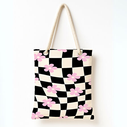 Kareli Pembe Çiçekli Omuz Çantası