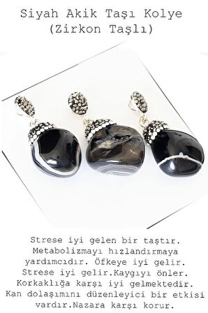 Sertifikalı Ham Zirkon Taşlı Model Siyah Akik Taşı Kolye