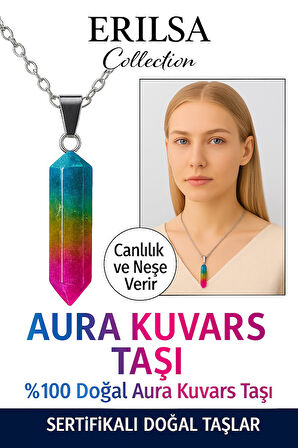 Sertifikalı Ham İşlenmemiş Multicolor Aura Kuvars Taşı Kolye – Canlılık ve Neşe Veren Doğal Taş