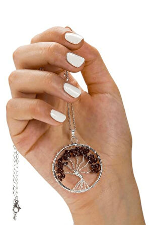Sertifikalı Doğal Lal - Garnet - Granat Taşı Hayat Ağacı Kolye