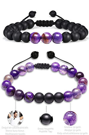 Mor Akik Doğal Taş Makrome Bileklik