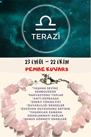 Sertifikalı Burç Taşı Terazi Burcu Pembe Kuvars Taşı Bileklik