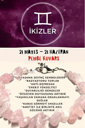 Sertifikalı Burç Taşı Ikizler Burcu Pembe Kuvars Taşı Bileklik