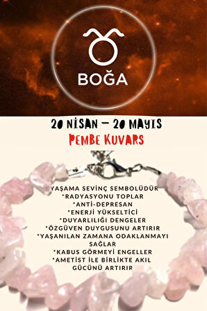 Sertifikalı Burç Taşı Boğa Burcu Pembe Kuvars Taşı Bileklik