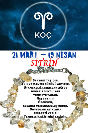 Sertifikalı Burç Taşı Koç Burcu Sitrin Taşı Bileklik