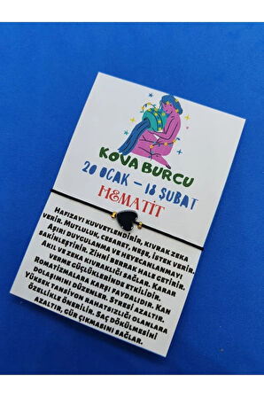 Kova Burcu Kalp Hematit Doğal Taş İp Burç Bilekliği