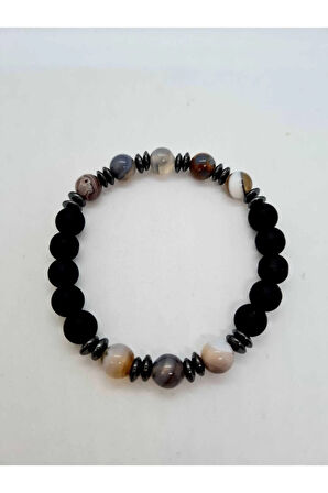 Bostwana Akik , Hematit , Oniks Doğal Taş Bileklik 8MM