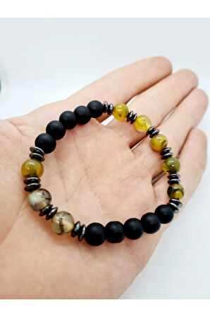 Doğal Taş Yosunlu Akik , Hematit , Oniks Doğal Taş Bileklik