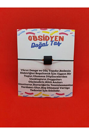 Sertifikalı Obsidyen Taşı Bileklik Ayarlamalı Kare Ipli