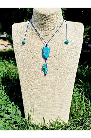 Turkuaz Doğal Taş Kolye Baykuş Detaylı Tasarım Cazibe Nazar