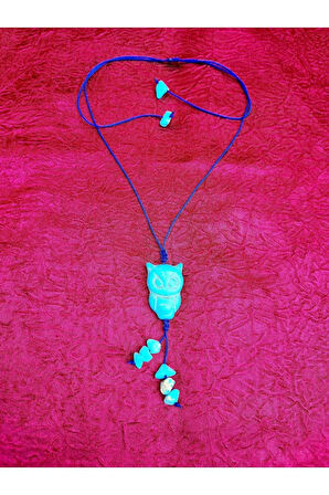 Turkuaz Doğal Taş Kolye Baykuş Detaylı Tasarım Cazibe Nazar