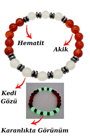 Akik Kedi Gözü Hematit Doğal Taş Bileklik Karanlıkta Işık Saçar