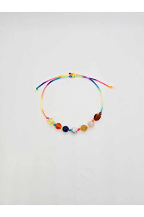 Sertifikalı Kız Öğrenci Bileklik Kehribar Pembe Kuvars Kalsit Havlit Lapis Lazuli Akik Gökkuşağı İp