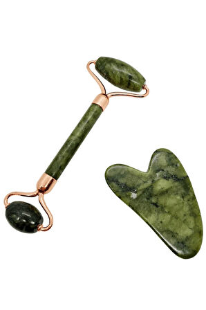Yeşim Masaj Taşı Roller Ve Yeşim Taşı Gua Sha (kalp Tasarımlı) Set