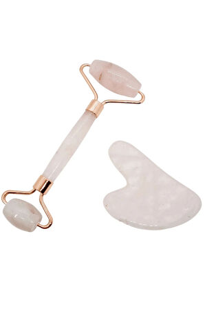 Pembe Kuvars Masaj Taşı Roller Ve Pembe Kuvars Taşı Gua Sha (kalp Tasarımlı) Set