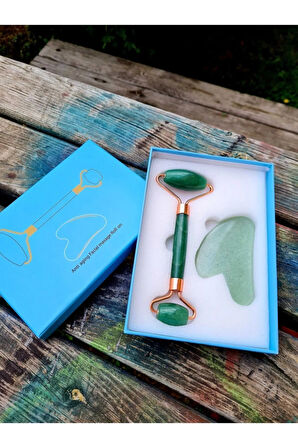 Aventurin Masaj Taşı Roller Ve Aventurin Taşı Gua Sha (kalp Tasarımlı) Set