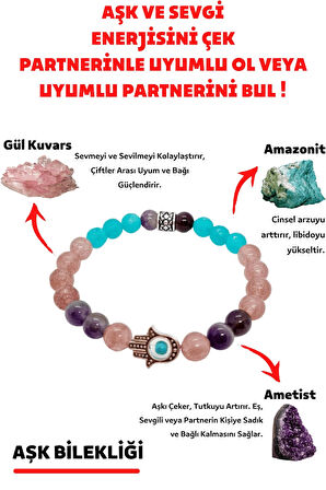 Doğal Taş Aşk, Sevgi, Çiftler Arası Uyum Bilekliği (Ametist Gül Kuvars Amazonit Doğaltaş Bileklik)