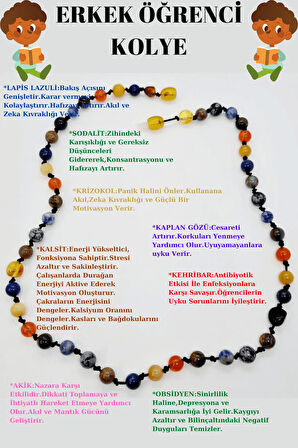 Sertifikalı Erkek Öğrenci Kolyesi Lapis Lazuli Kehribar Sodalit Kalsit K Gözü Krizokol Akik Obsidyen