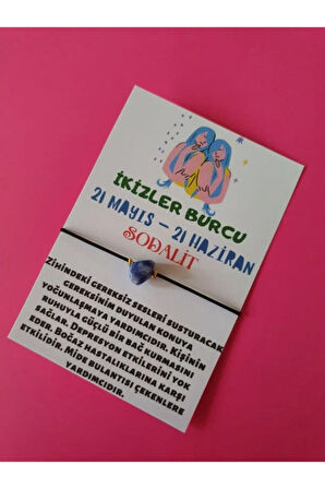 Sertifikalı İkizler Burcu Sodalit Doğal Taşlı Ip Burç Bilekliği