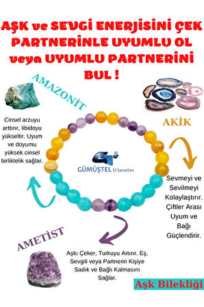 AŞK,SEVGİ,ÇİFTLER ARASI UYUM Doğal Taş Bilekliği Amazonit, Akik ve Ametist Doğaltaş Bileklik