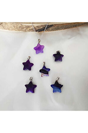 Mor Akik Doğal Taş Kolye Yıldız Model Zincir Hediyeli