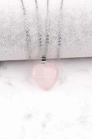 Pembe Kuvars Doğal Taş Kalp Kolye Sürpriz