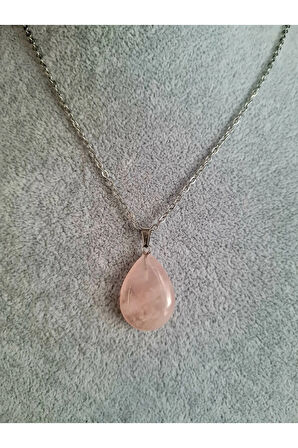 Pembe Kuvars Doğal Taş Damla Kesim Kolye