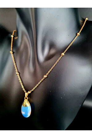 Opal Doğal Taş Damla Tasarım Kolye Özel Tasarım Zincir Hediyeli AAA Kalite