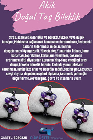Mor Akik Doğal Taş Bileklik Asansörlü Kilit Sistemi