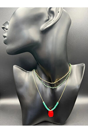 Sertifikalı Doğal Taş Malahit & Mercan Taşı Kolye Tasarım Kararmaz Malzeme Sürpriz Hediyeli