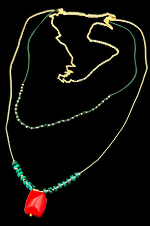 Sertifikalı Doğal Taş Malahit & Mercan Taşı Kolye Tasarım Kararmaz Malzeme Sürpriz Hediyeli