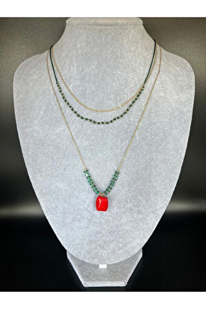 Sertifikalı Doğal Taş Malahit & Mercan Taşı Kolye Tasarım Kararmaz Malzeme Sürpriz Hediyeli