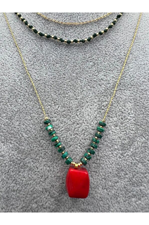 Sertifikalı Doğal Taş Malahit & Mercan Taşı Kolye Tasarım Kararmaz Malzeme Sürpriz Hediyeli