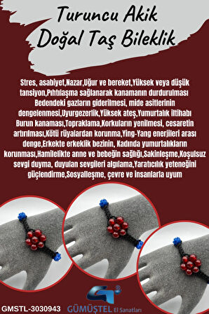 Turuncu Akik Doğal Taş Bileklik Asansörlü Kilit Sistemi   El Yapımı Bileklik